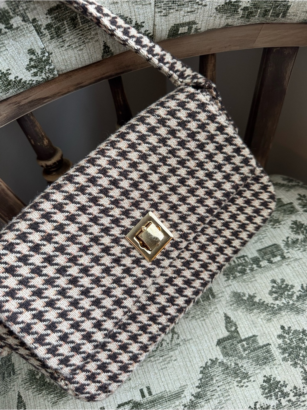 boutique houndstooth brown and cream shoulder bag - Picture 3 of 5